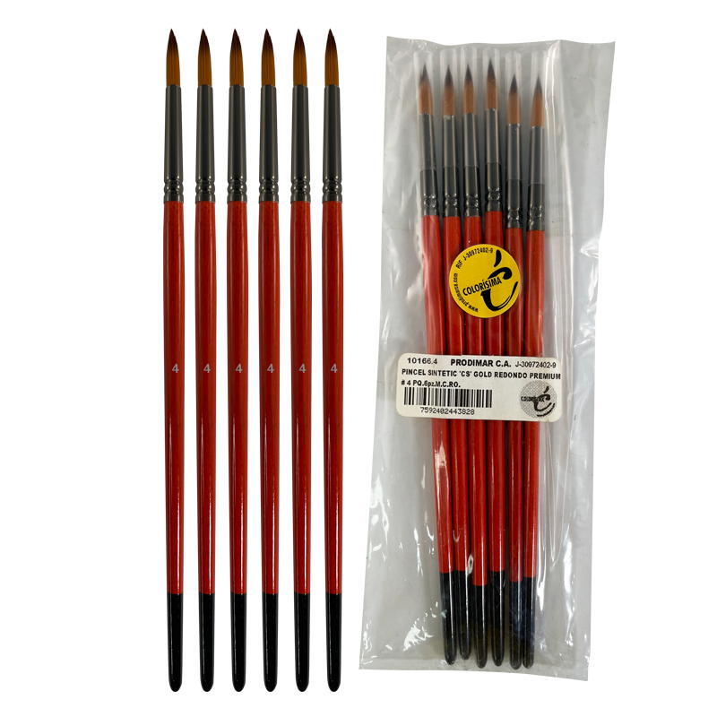 PINCEL SINTETIC `CS` REDONDO PREMIUM ORO # 4 PQ.6pz.MANGO CORTO ROJO