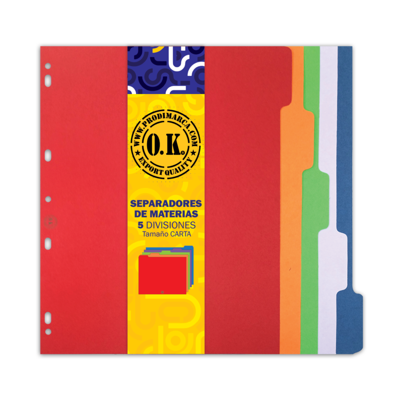 SEPARADORES DE 5 DIVISIONES `OK` COLOR 180gr.CARTA PQ.10jg.229x279mm.(9x11