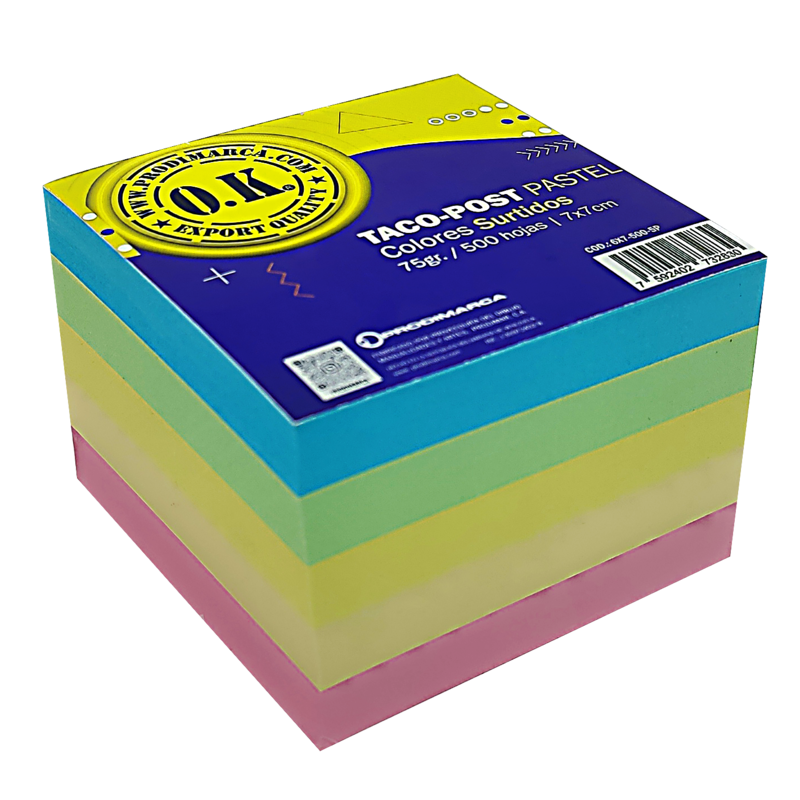 BLOCK TACO-POST OK BOND 75gr.MULTICOLOR 7x7cm.500hj.PQ.3pz.TONOS PASTEL