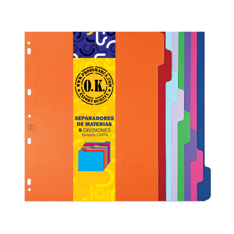 SEPARADORES DE 8 DIVISIONES `OK` COLOR 180gr.CARTA PQ.10jg.229x279mm.(9x11