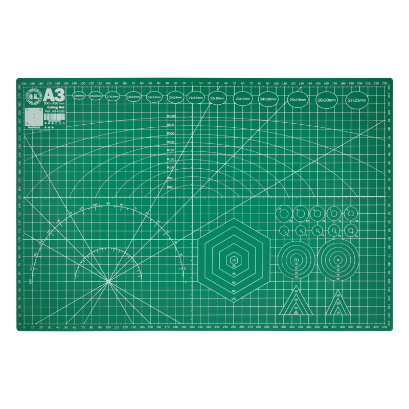 BASE DE CORTE/CUTTING MAT (PVC) OK 450x300x3,0mm.PQ.1pz.DOBLE CARA/RETICULADA VERDE