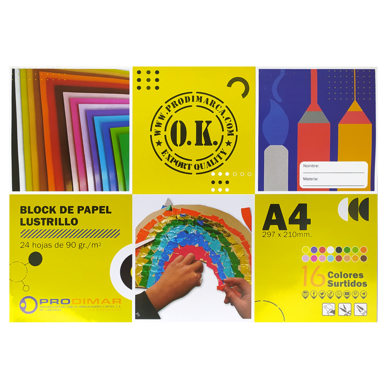 BLOCK LUSTRILLO GLASE `OK` 90gr.PQ.12pz.x24hj.297x210mm.SURT.16 COLORES
