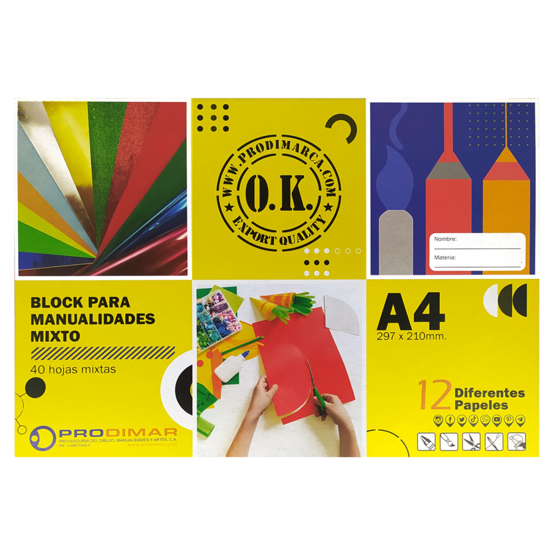 BLOCK P/MANUALIDADES `OK` MIXTO PQ.6pz.x40hj.297x210mm.C/12 DIFERENTES PAPELES