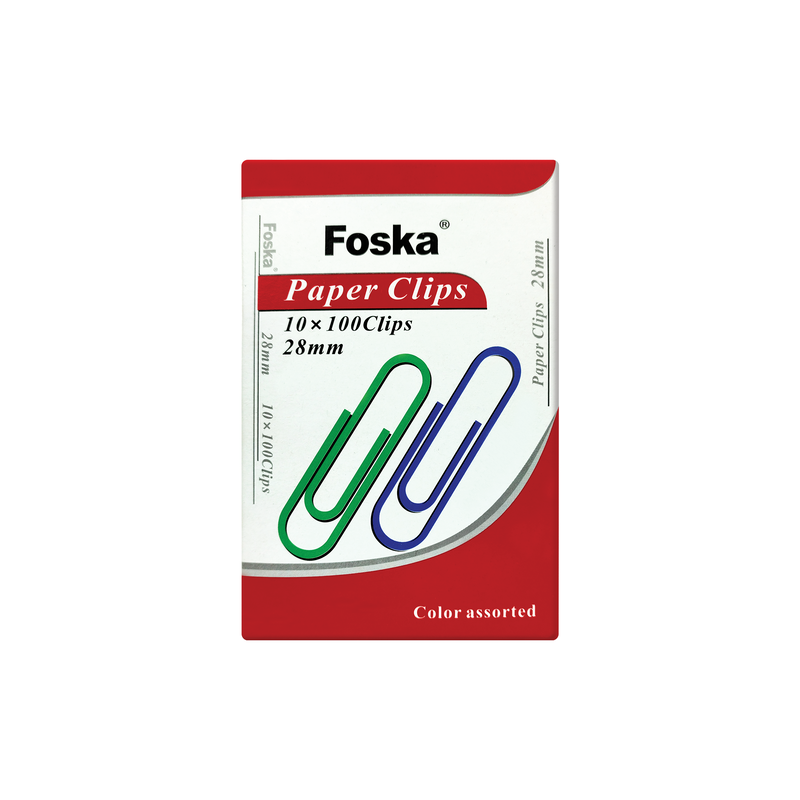 CLIPS PARA PAPEL 'FK' C/RECUBRIMIENTO VINILICO EN COLORE 28mm.PQ.10cj.x100pz.C/U.