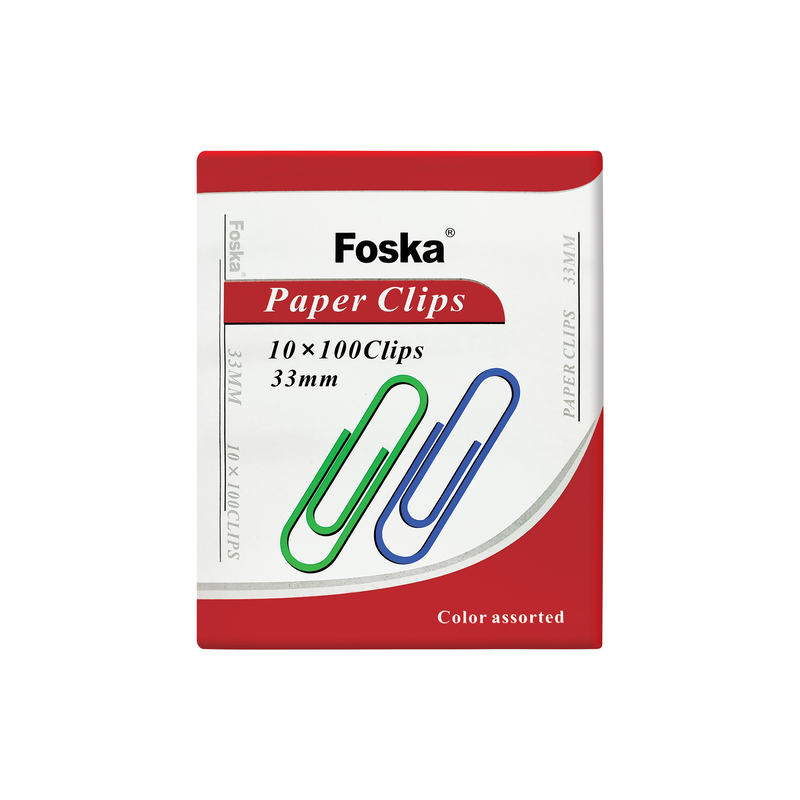 CLIPS PARA PAPEL 'FK' C/RECUBRIMIENTO VINILICO EN COLORE 33mm.PQ.10cj.x100pz.C/U.