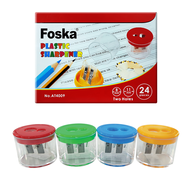 SACAPUNTAS ESCOLARES `FK` PLASTICO C/DEPOSITO CJ.24pz.GDE.5x5cm.2 PUNTAS COL.SURT.