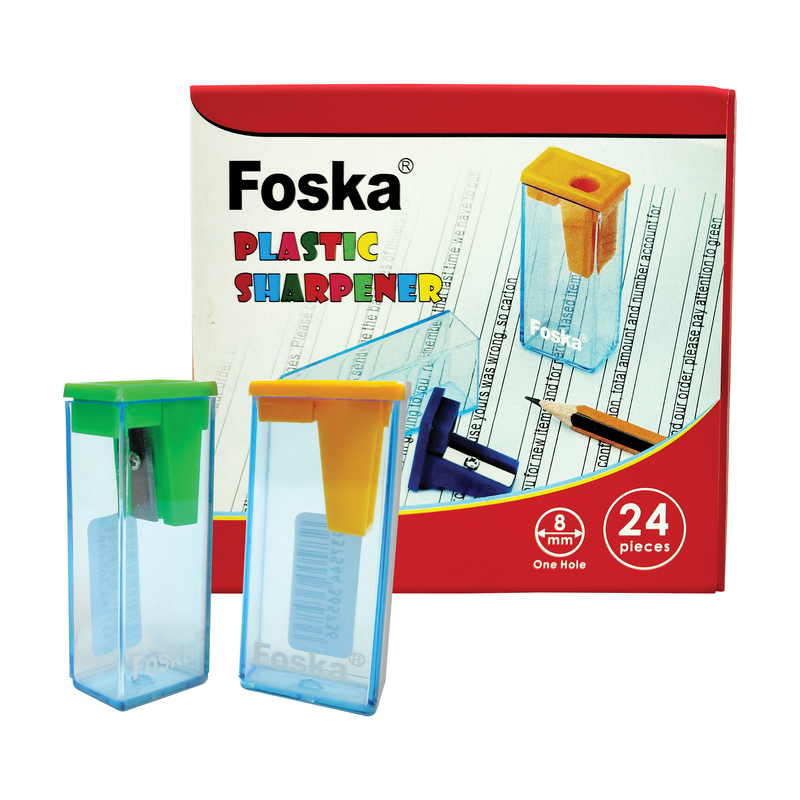 SACAPUNTAS ESCOLARES `FK` PLASTICO C/DEPOSITO CJ.24pz.PEQ.6x3cm.1 PUNTA COL.SURT.