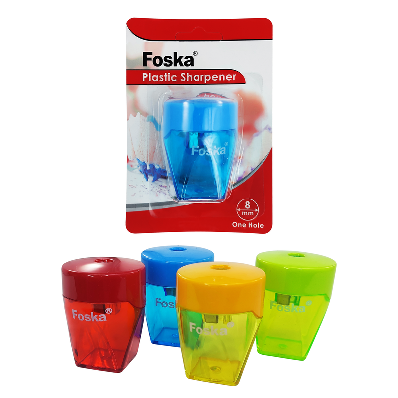 SACAPUNTAS ESCOLARES `FK` PLASTICO C/DEPOSITO BL.1pz.GDE.6x5cm.1 PUNTA COL.SURT.