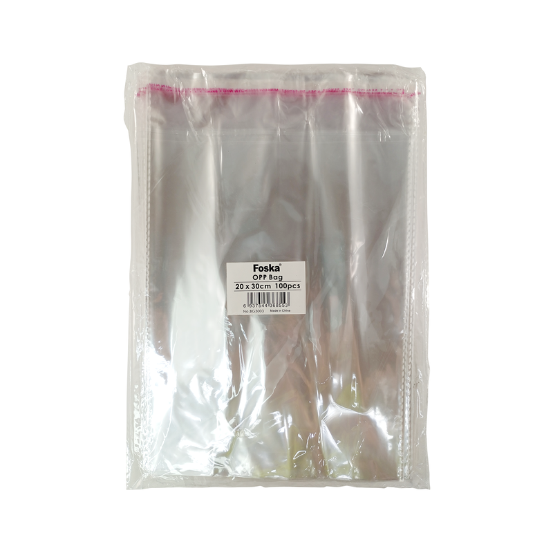 BOLSA PLASTICA (PPO) CRISTAL FK 20X30CM.C/SOLAPA AUTOADHESIVA PQ.100PZ.SIN FUELLE