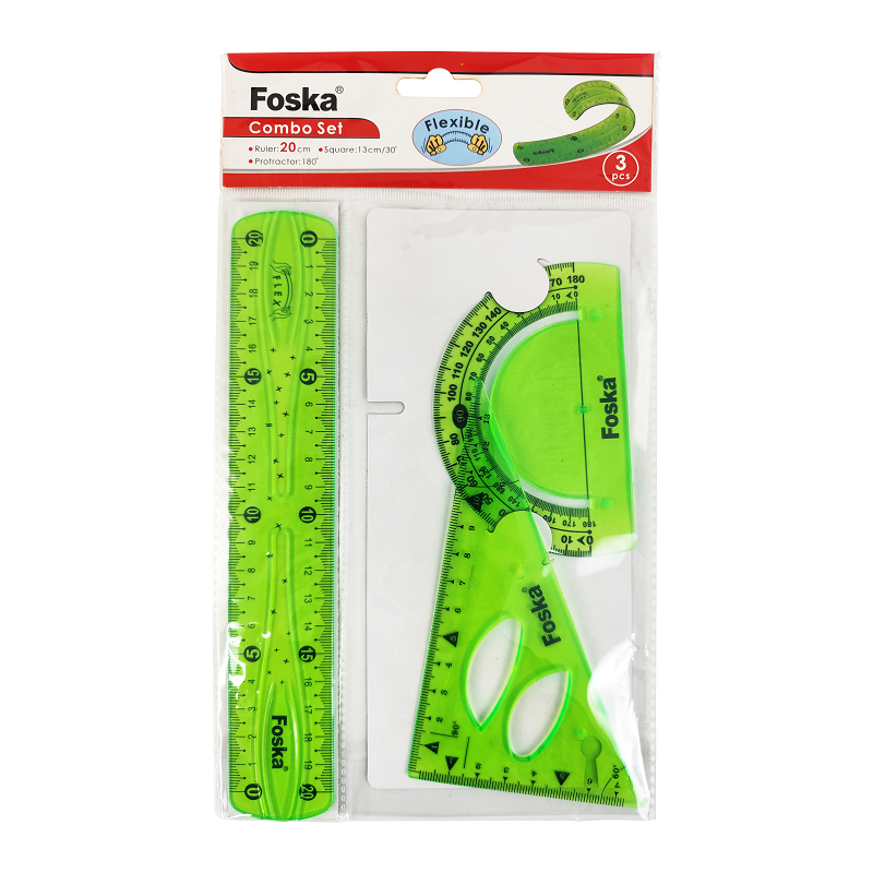 JGO.GEOM.PLASTICO (XPS) FK 20cm.ST.1pz.REGLA+1 ESCUADRA+TRANSPORTADOR FLEXI-VERDE