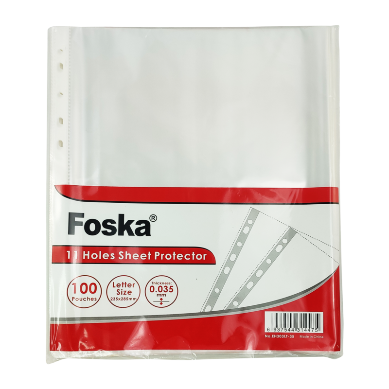 FUNDAS PROTECTORAS PLASTICAS (PP) P/CARPETAS `FK` PQ.100PZ.0.035MM.235X285MM.CARTA C/11 HUECOS