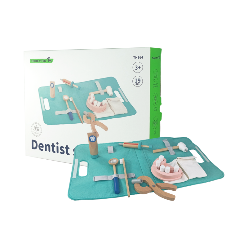 JUEGO DIDACTICO SET 'KC' EQUIPO DE DENTISTA P/3 AÑOS O +.JG.1kt.19pz.MADERA ENEBRO/FIELTRO