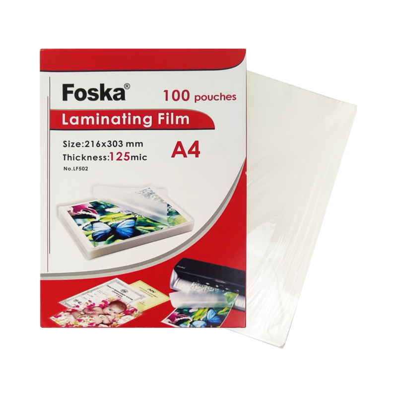 FILM PARA LAMINAR FK TAMAÑO CA/OF/A4 CJ.100HJ.216X303MM.CAL.125MC.TRANSPARENTE CRISTAL