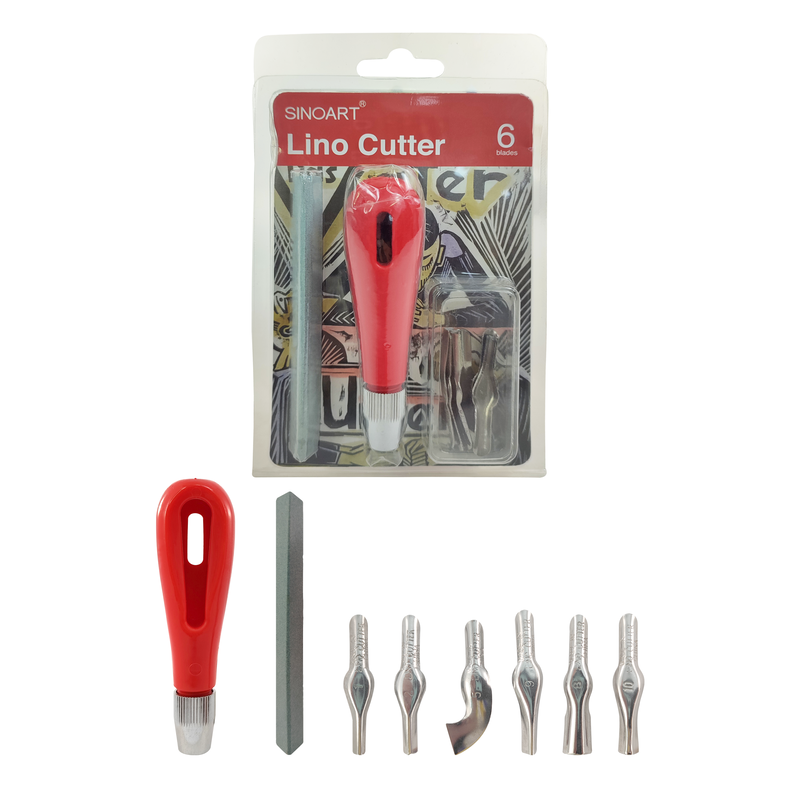 GUBIAS P/LINOLEO SA ACERO INOX. MGO.PLASTICO ROJO ST.6pz.C/DIFERENTES CUCHILLAS
