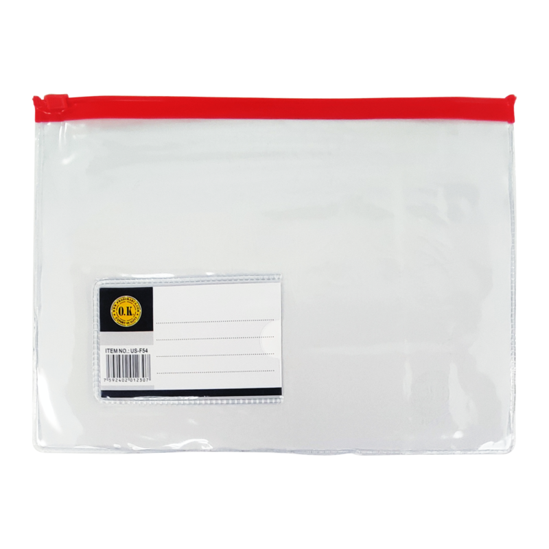 SOBRE PLASTICO (PPO) `OK` 1/2 OFICIO PQ.10pz.C/CIERRE 23x17cm.COL.SURT.