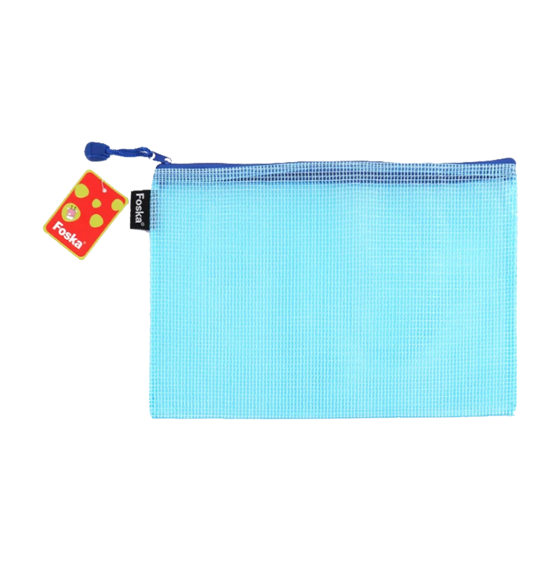 CARTUCHERA T/SOBRE MALLA `FK` PQ.12pz.1/2 OF.23x17cm.C/CIERRE/COL.SURT.TONALIZADO