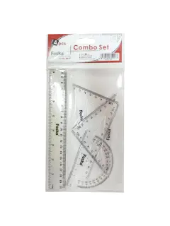 JGO.GEOM.PLASTICO (XPS) FK 20cm.ST.1pz..REGLA+2 ESCUADRAS+TRANSPORTADOR TRANSPARENTE