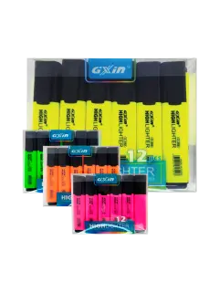 MARCADOR RESALTADOR `GX` GRUESO-PLANO PUNTA CINCEL C/CLIP CJ.12pz.xGAMA 6 COL.