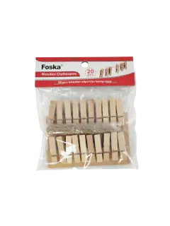 PINZAS P/GUINDAR ROPA "FK" MADERA DE ABEDUL NATUR.BL.20PZ.C/CUERDA DE CAÑAMO DE 2M.