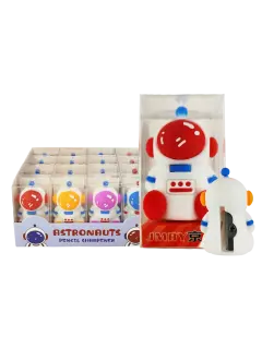 SACAPUNTAS ESCOLARES PLASTICO PEQ.4X3X4CM.CJ.16PZ.UNA PUNTA TEMATICA ASTRONAUTAS