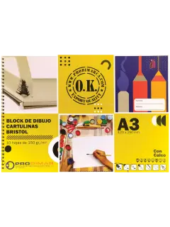 BLOCK DIBUJO-BRISTOL+CALCO+ESPIRAL `OK` 160gr.PQ.12pz.x10hj.420x297mm.P/PINTURA