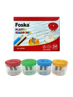 SACAPUNTAS ESCOLARES `FK` PLASTICO C/DEPOSITO CJ.24pz.GDE.5x5cm.2 PUNTAS COL.SURT.