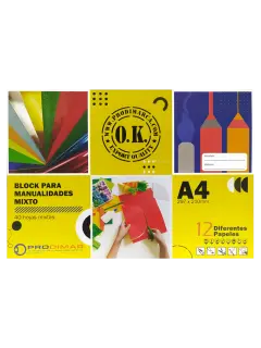 BLOCK P/MANUALIDADES `OK` MIXTO PQ.6pz.x40hj.297x210mm.C/12 DIFERENTES PAPELES