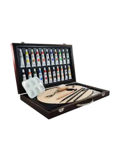 SET PINTURAS ESTUDIO ACRYLICA SA ET.34PZ.C/PINCELES/LAPICES/BORRA/BLOCKS/PALETA/EST.MADER