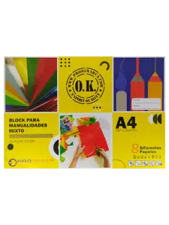 BLOCK P/MANUALIDADES `OK` MIXTO PQ.12pz.x20hj.297x210mm.C/8 DIFERENTES PAPELES